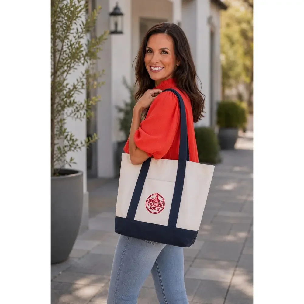 Trader Joe's Large Cotton Canvas Tote Navy Reusable Market Bag Pockets NWT